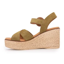 BIOSTOCK Sandales compensées cuir military boucle bois Femme KAKI Hot