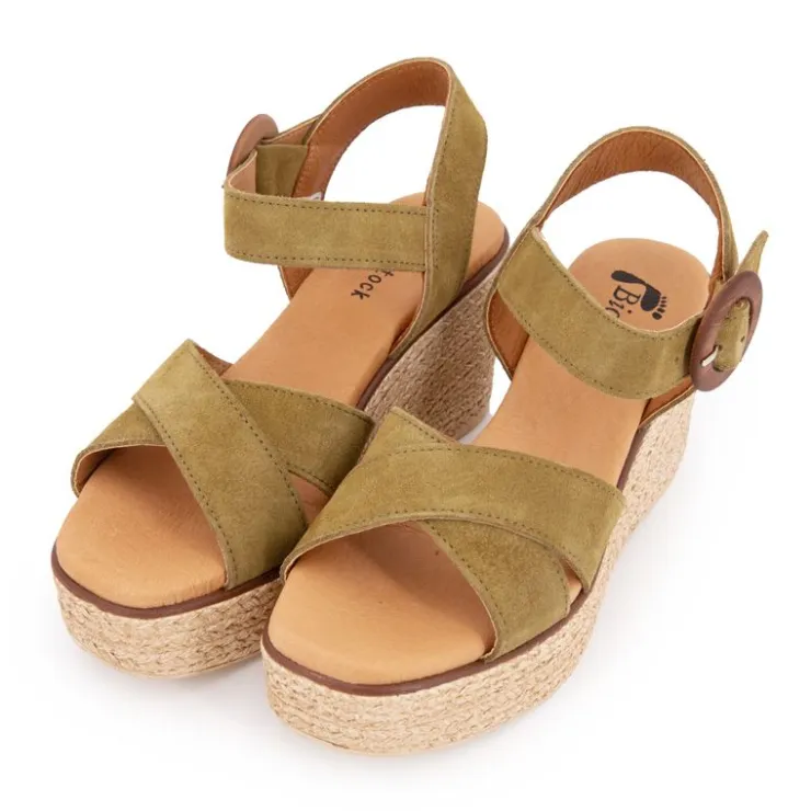 BIOSTOCK Sandales compensées cuir military boucle bois Femme KAKI Hot