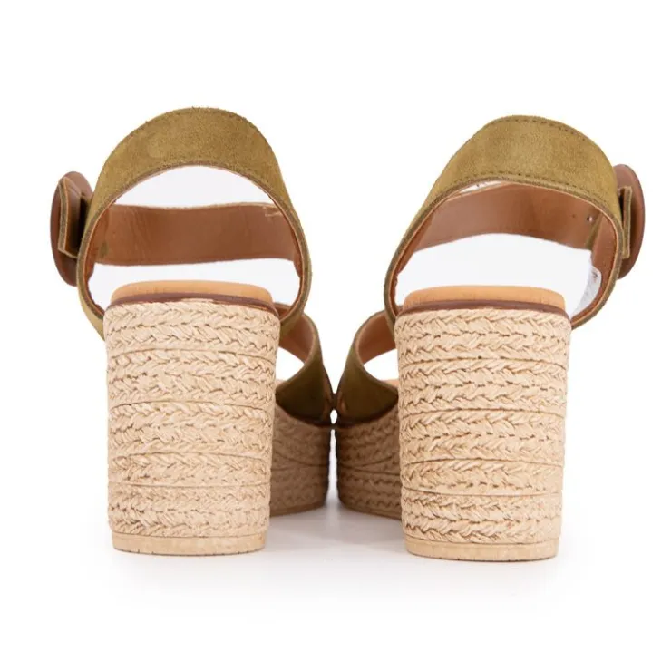 BIOSTOCK Sandales compensées cuir military boucle bois Femme KAKI Hot