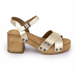 PORRONET Sandales cuir croco brillant avec boucle talons effet bois Femme OR Outlet