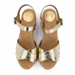 PORRONET Sandales cuir croco brillant avec boucle talons effet bois Femme OR Outlet