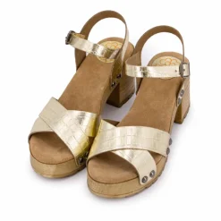 PORRONET Sandales cuir croco brillant avec boucle talons effet bois Femme OR Outlet