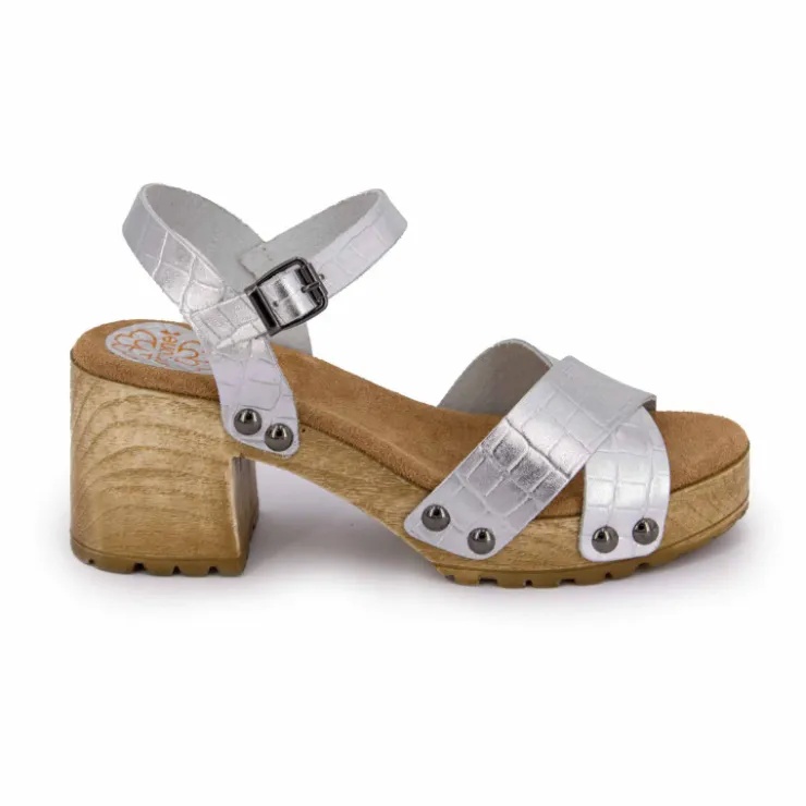 PORRONET Sandales cuir croco brillant avec boucle talons effet bois Femme ARGENT Best