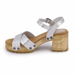 PORRONET Sandales cuir croco brillant avec boucle talons effet bois Femme ARGENT Best