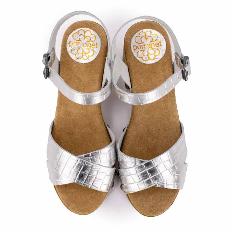 PORRONET Sandales cuir croco brillant avec boucle talons effet bois Femme ARGENT Best