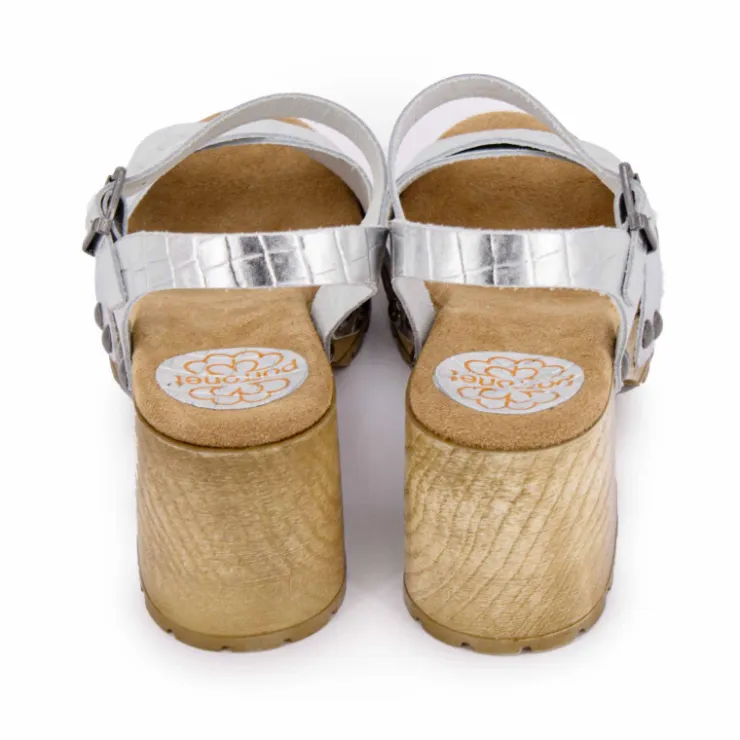 PORRONET Sandales cuir croco brillant avec boucle talons effet bois Femme ARGENT Best