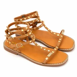 LES TROPEZIENNES PAR M.BELARBI Sandales hautes cuir léger clouté Coralie Femme MARRON Hot
