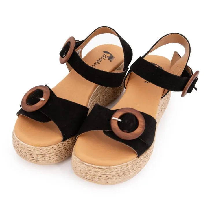 BIOSTOCK Sandales es compensées en cuir double boucle bois Femme NOIR Discount