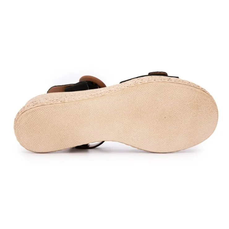 BIOSTOCK Sandales es compensées en cuir double boucle bois Femme NOIR Discount