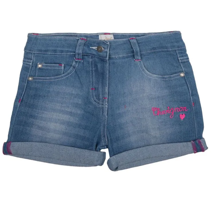 CHEVIGNON Short en jean avec inscription en rose Enfant BLEU Outlet
