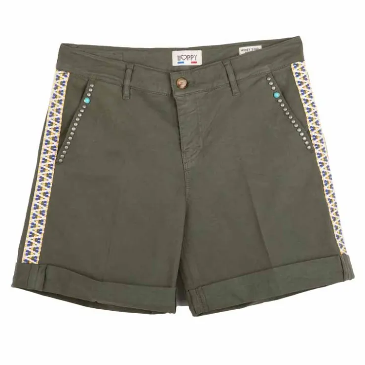 HAPPY Short honeystud galons habillé coton doux ourlets à pince Femme KAKI New