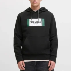 JACK & JONES Sweat à capuche regular hayato imprimé encart logo Homme NOIR New
