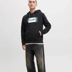 JACK & JONES Sweat à capuche regular hayato imprimé encart logo Homme NOIR New