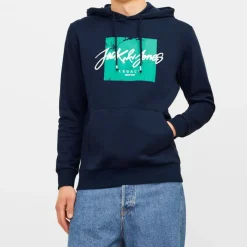 JACK & JONES Sweat coton tiley à capuche avec logo manuscrit et encart coloré Homme BLEU FONCE New