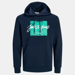 JACK & JONES Sweat coton tiley à capuche avec logo manuscrit et encart coloré Homme BLEU FONCE New