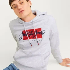 JACK & JONES Sweat gris chiné imprimé avec capuche tiley coton mélangé regular Homme GRIS CLAIR