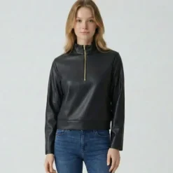 LES TROPEZIENNES PAR M.BELARBI Sweat similicuir col zippé montant Femme NOIR Clearance