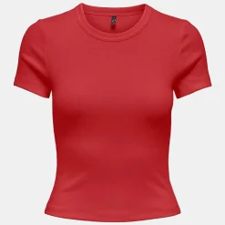 ONLY Tee shirt basique col rond coton bio Femme ROUGE New