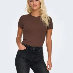 ONLY Tee shirt basique col rond coton bio Femme MARRON Best