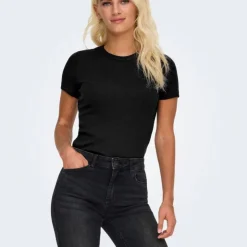 ONLY Tee shirt basique col rond coton bio Femme NOIR New
