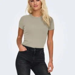 ONLY Tee shirt basique col rond coton bio Femme BEIGE Outlet