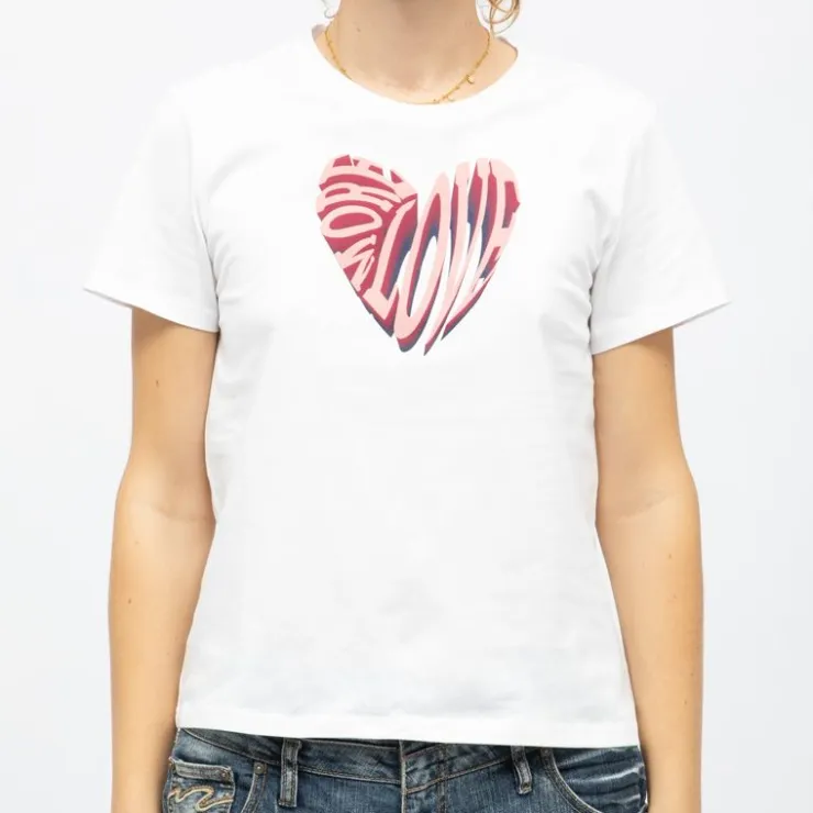 LA PETITE ETOILE Tee shirt coeur relief imprimé Love Femme BLANC Hot