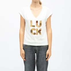 DEELUXE 74 Tee shirt col v Luck brodé coloré Femme BLANC Sale
