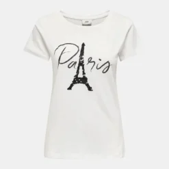 JDY Tee shirt cloud dancer paris coton à sequins noirs Femme BLANC Best