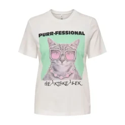 ONLY Tee shirt col rond hariettte avec chat à lunettes Femme BLANC