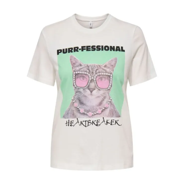 ONLY Tee shirt col rond hariettte avec chat à lunettes Femme BLANC