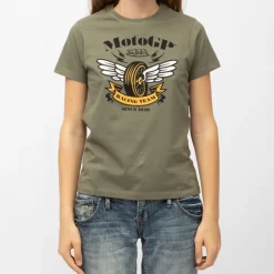 VON DUTCH Tee shirt col rond jersey imprimé roue ailée moto GP racing team Femme KAKI Discount