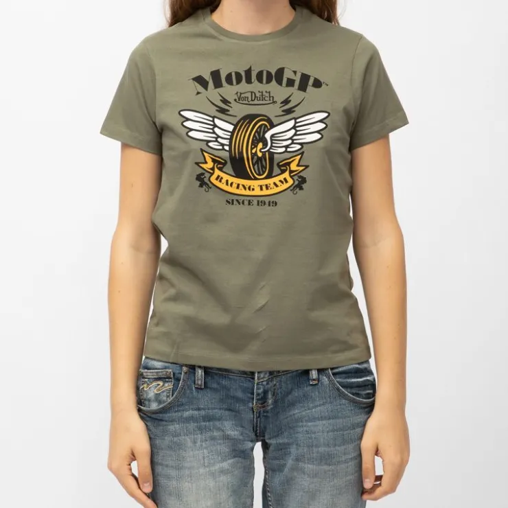 VON DUTCH Tee shirt col rond jersey imprimé roue ailée moto GP racing team Femme KAKI Discount