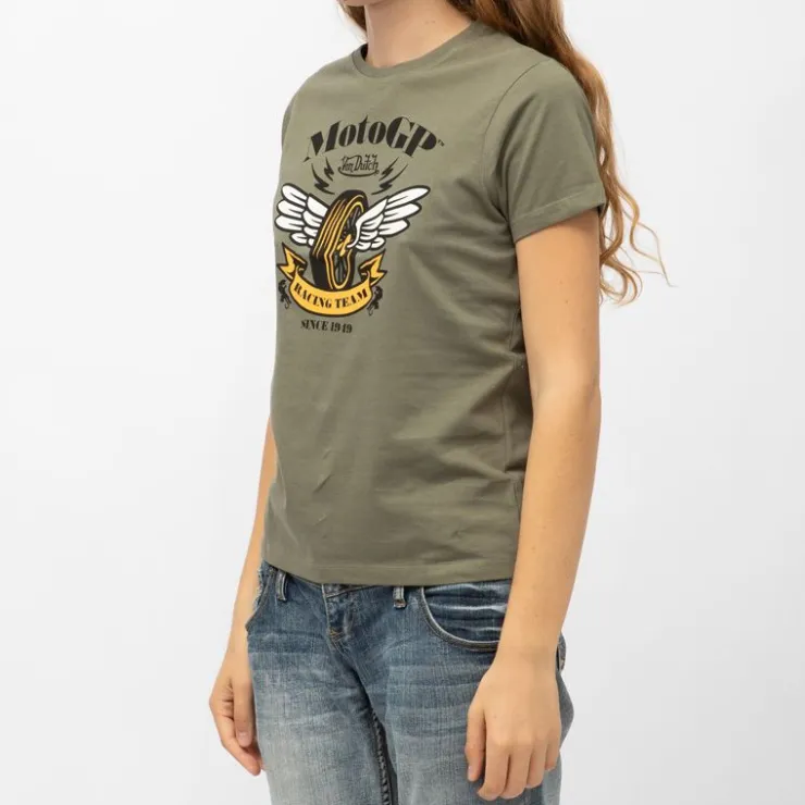 VON DUTCH Tee shirt col rond jersey imprimé roue ailée moto GP racing team Femme KAKI Discount