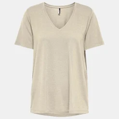 ONLY Tee shirt col V à pailettes Harly Femme BEIGE Best