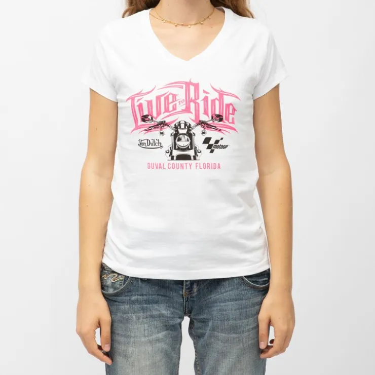 VON DUTCH Tee shirt col v coton Live to Ride moto gp x Femme BLANC New