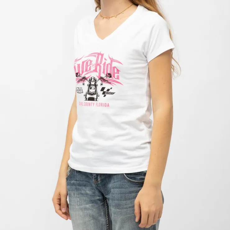 VON DUTCH Tee shirt col v coton Live to Ride moto gp x Femme BLANC New