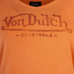 VON DUTCH Tee shirt col V fluide strass logo Femme ORANGE CLAIR Online