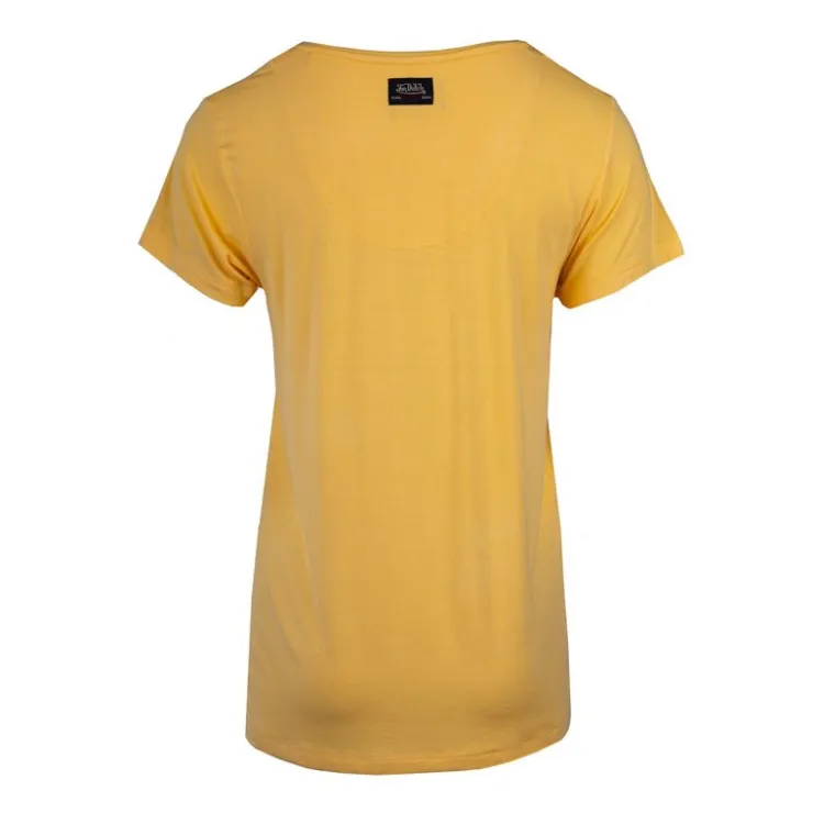VON DUTCH Tee shirt col V fluide strass logo Femme JAUNE Hot