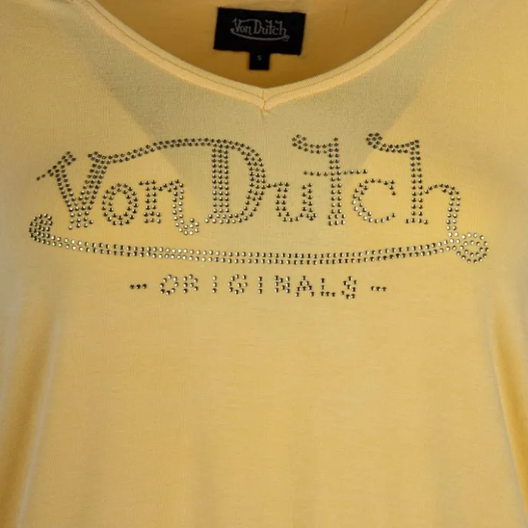 VON DUTCH Tee shirt col V fluide strass logo Femme JAUNE Hot