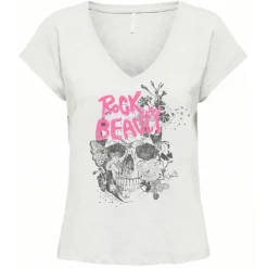 ONLY Tee shirt col v inscription rock beauty Femme BLANC Online