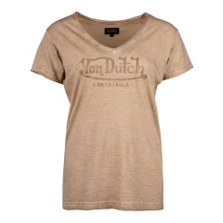VON DUTCH Tee shirt col v strass logo chiné Femme BEIGE New