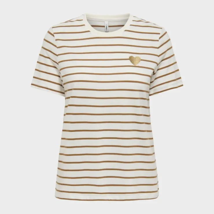 ONLY Tee shirt coton bio Liva marinière avec coeur argenté Femme BLANC Discount