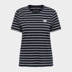 ONLY Tee shirt coton bio Liva marinière avec coeur argenté Femme BLEU FONCE Clearance