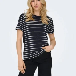 ONLY Tee shirt coton bio Liva marinière avec coeur argenté Femme BLEU FONCE Clearance