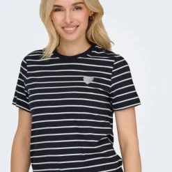 ONLY Tee shirt coton bio Liva marinière avec coeur argenté Femme BLEU FONCE Clearance