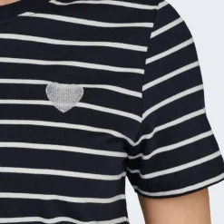 ONLY Tee shirt coton bio Liva marinière avec coeur argenté Femme BLEU FONCE Clearance