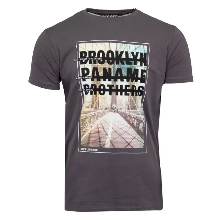 PANAME BROTHERS Tee shirt coton imprimé pont de Brooklyn Homme GRIS FONCE Clearance