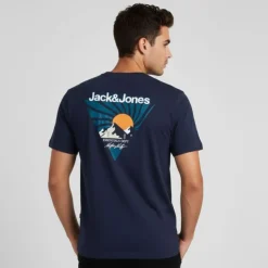 JACK & JONES Tee shirt coton mine crew imprimé triangle avec montagnes Homme BLEU FONCE Online