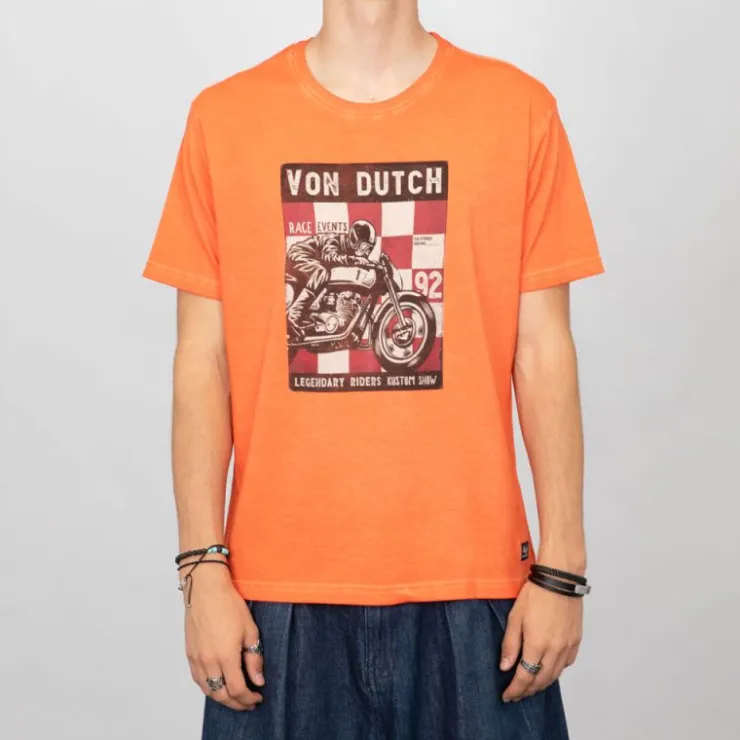 VON DUTCH Tee shirt coton illustration moto avec damnier Homme ORANGE Outlet