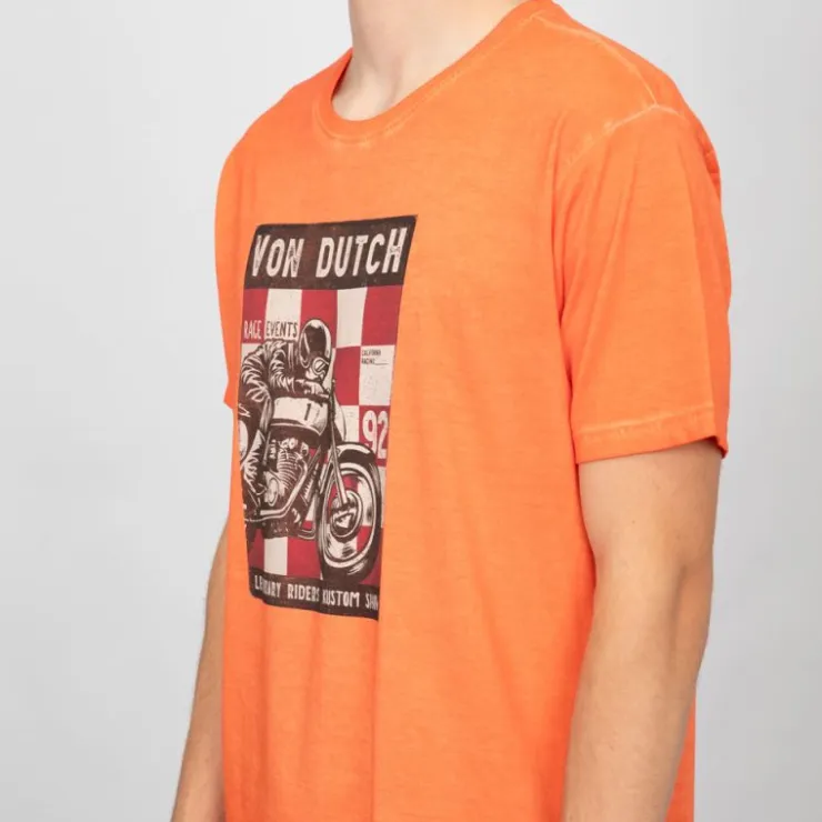 VON DUTCH Tee shirt coton illustration moto avec damnier Homme ORANGE Outlet